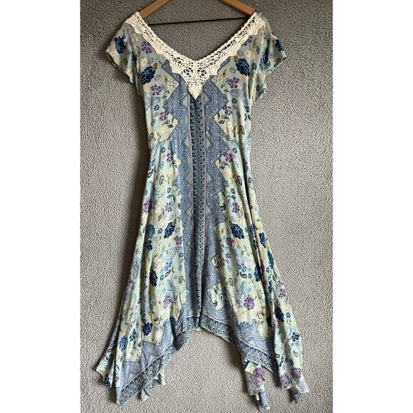 Lola P. Midi Handkercheif Hem Dress Large Boho Floral Lace Artsy Beach Blue - Picture 1 of 16
